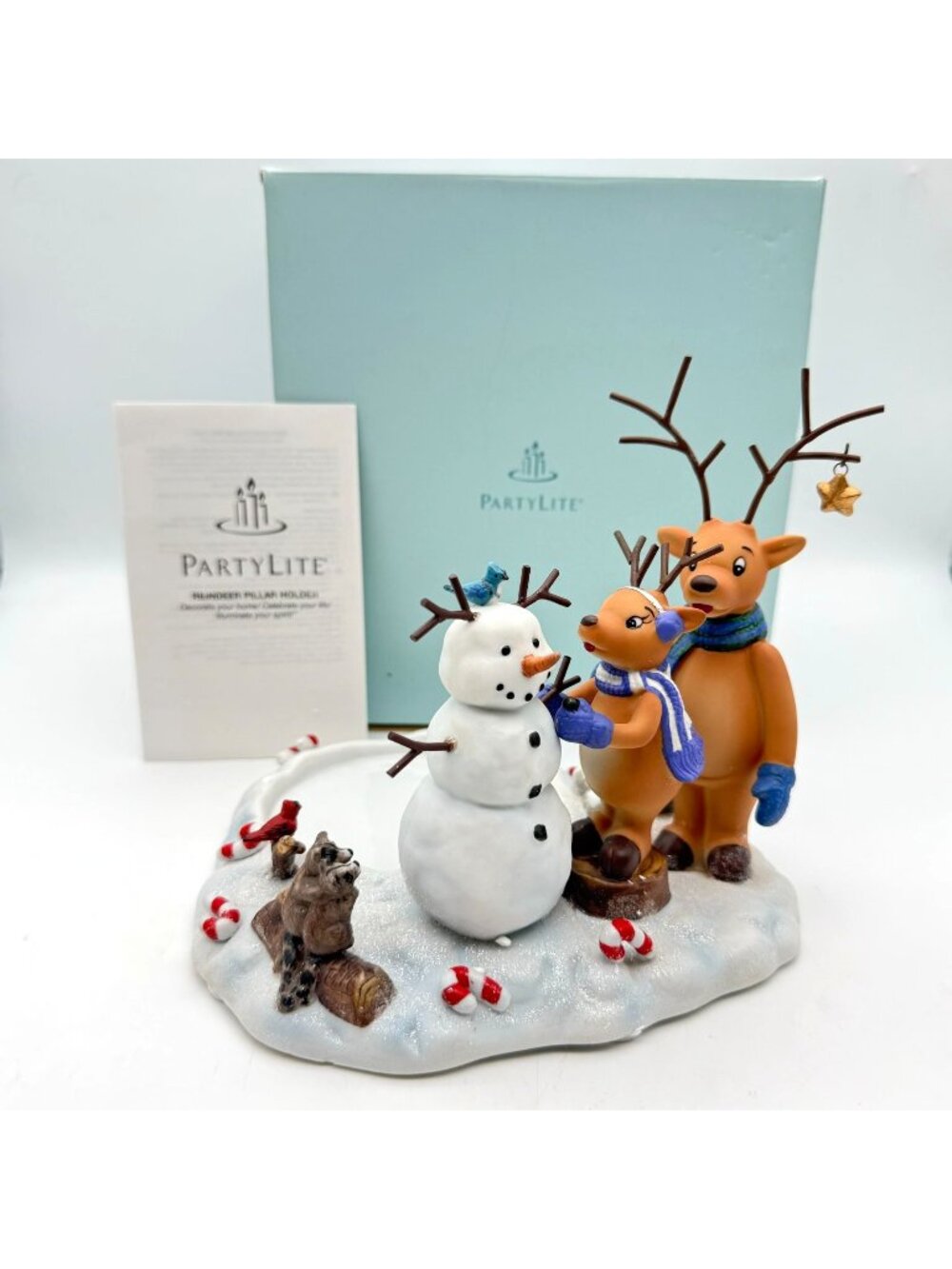 PartyLite Reindeer Snowman Scene Pillar Candle Holder Figurine w Box Pamphlet